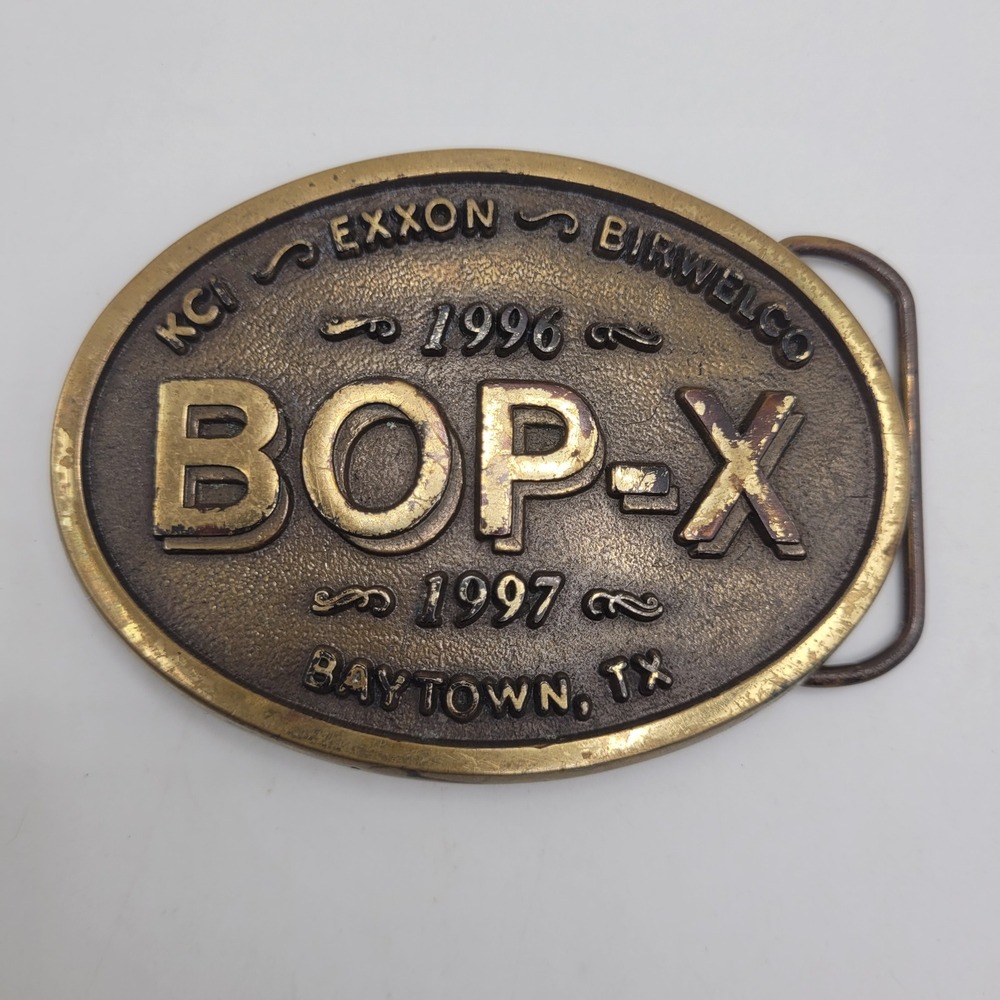Vintage Exxon Oil Buckle Brass 1996 1997 BOP-X Baytown Texas Gas Industrial
